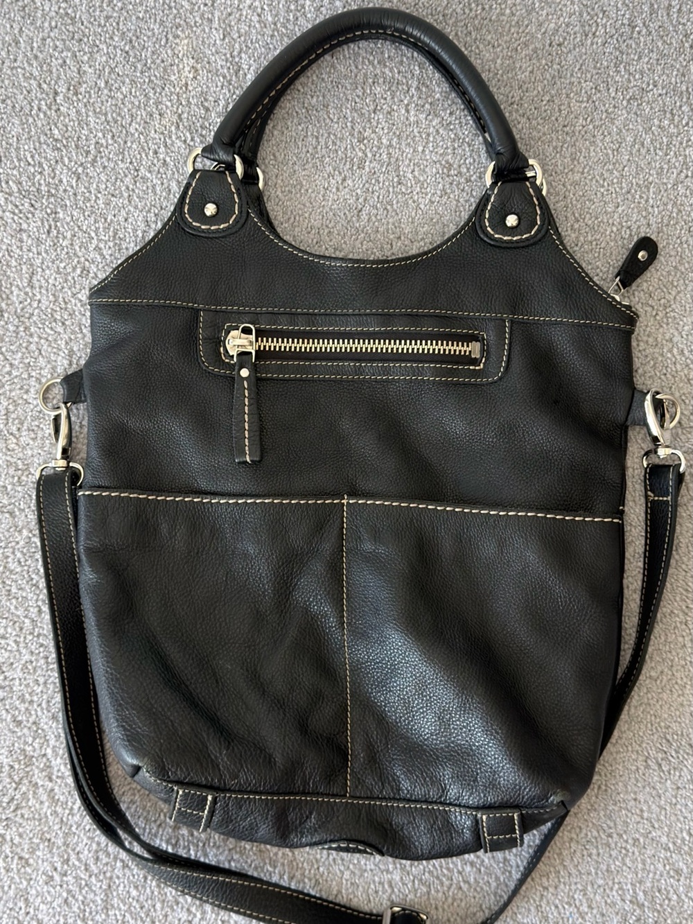 Roots Black Leather Shoulder Bag with Contrast Stitching